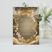 Elegante gouden kristallen kroonluchter bruiloft informatiekaartje (Staand voorkant)