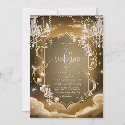 Elegante gouden kristallen kroonluchter bruiloft kaart (Voorkant)