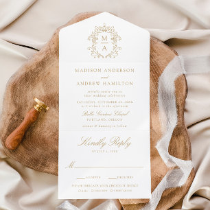 Elegante Gouden Kroon Chinoiserie Monogram Trouwka All In One Uitnodiging