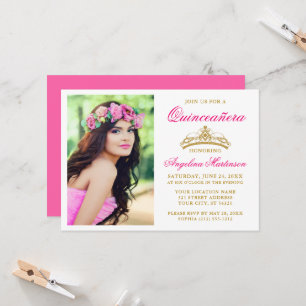 Elegante Gouden Kroon Foto Heet Roze Quinceanera Kaart