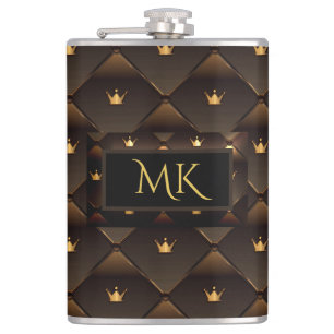 Elegante Gouden Kroon Nep Bruin Leren Monogram Heupfles