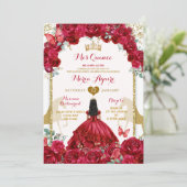 Elegante Gouden Kroon Rode Bloemen Mis Quince Vlin Kaart (Staand voorkant)