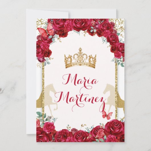 Elegante Gouden Kroon Rode Bloemen Mis Quince Vlin Kaart (Achterkant)