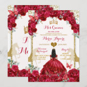 Elegante Gouden Kroon Rode Bloemen Mis Quince Vlin Kaart (Voorkant / Achterkant)