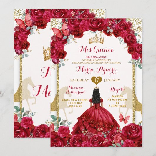 Elegante Gouden Kroon Rode Bloemen Mis Quince Vlin Kaart (Voorkant / Achterkant)