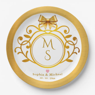 Elegante Gouden Kroon Vintage Monogram Huwelijk Papieren Bordje