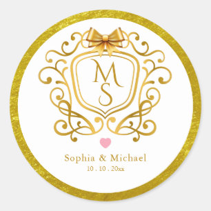 Elegante Gouden Kroon Vintage Monogram Huwelijksgu Ronde Sticker