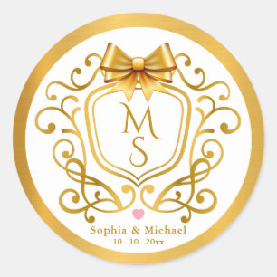 Elegante Gouden Kroon Vintage Monogram Huwelijksgu Ronde Sticker