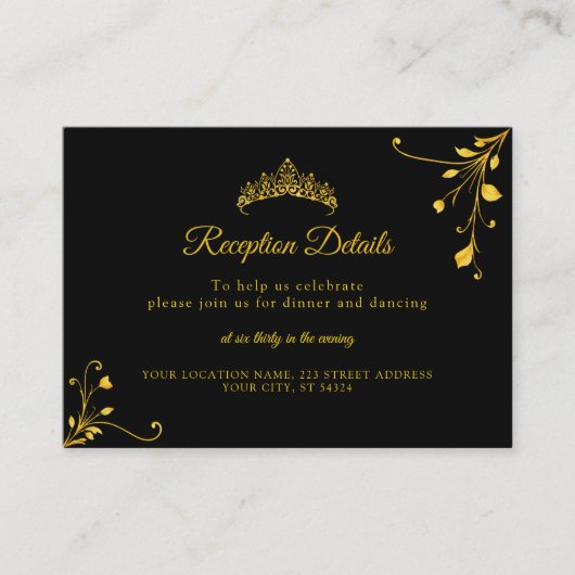 Elegante gouden kroon wit en goud quinceañera informatiekaartje (Voorkant)