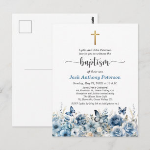 Elegante gouden kruis blauwe bloemen doop uitnodig briefkaart