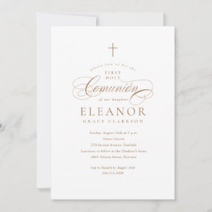 Elegante Gouden Kruis Calligrafie Eerste Communie Kaart