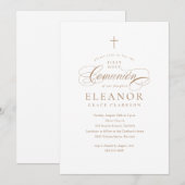 Elegante Gouden Kruis Calligrafie Eerste Communie Kaart (Voorkant / Achterkant)