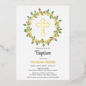 Elegante gouden kruis doop bloemenkrans folie uitnodiging (Voorkant)