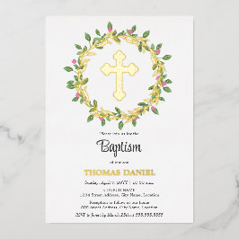 Elegante gouden kruis doop bloemenkrans folie uitnodiging