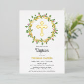 Elegante gouden kruis doop bloemenkrans folie uitnodiging (Staand Voorkant)