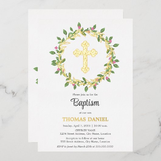 Elegante gouden kruis doop bloemenkrans folie uitnodiging (Voorkant / Achterkant)