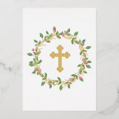 Elegante gouden kruis doop bloemenkrans folie uitnodiging (Achterkant)