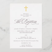 Elegante gouden kruis doop foto uitnodiging (Voorkant)