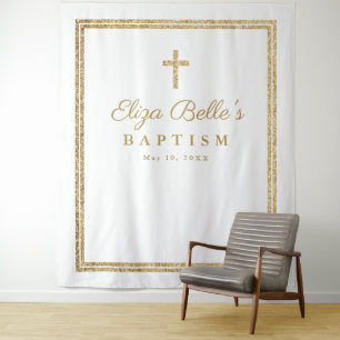 Elegante gouden kruis doop fotohokje achtergrond wandkleed