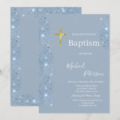 Elegante gouden kruis doop Stoffig Blauw Glitter Kaart (Voorkant / Achterkant)