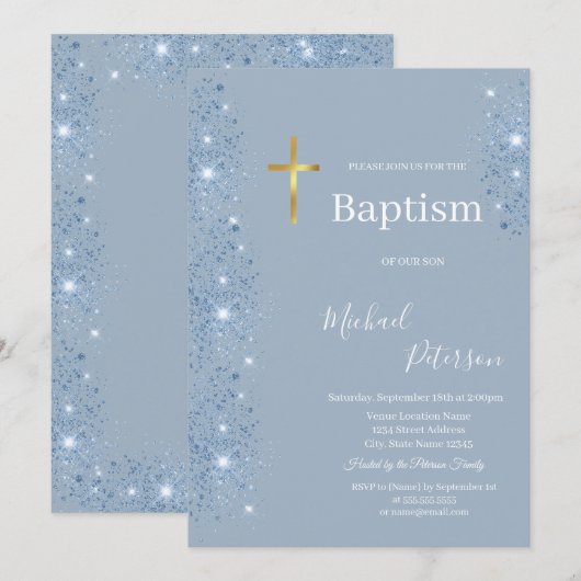 Elegante gouden kruis doop Stoffig Blauw Glitter Kaart (Voorkant / Achterkant)