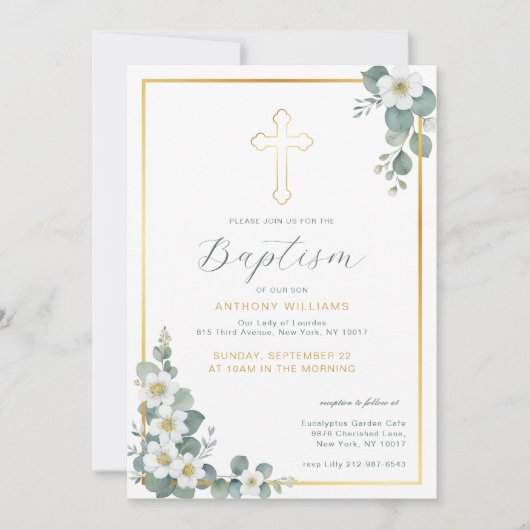 Elegante gouden kruis doop uitnodiging (Voorkant)