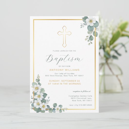 Elegante gouden kruis doop uitnodiging (Staand voorkant)