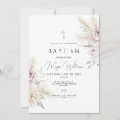 Elegante Gouden Kruis en roze bloemen Boho Doop Kaart (Voorkant)