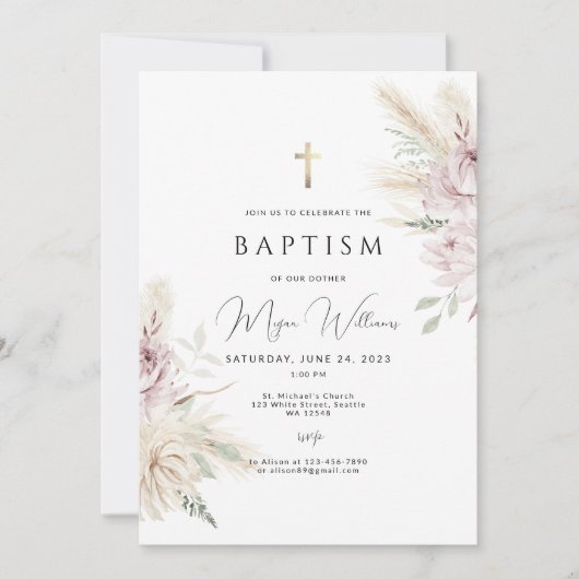 Elegante Gouden Kruis en roze bloemen Boho Doop Kaart (Voorkant)