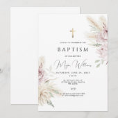 Elegante Gouden Kruis en roze bloemen Boho Doop Kaart (Voorkant / Achterkant)