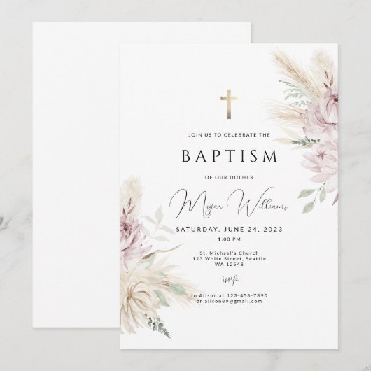 Elegante Gouden Kruis en roze bloemen Boho Doop Kaart (Voorkant / Achterkant)