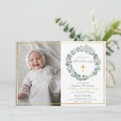 Elegante gouden kruis eucalyptus groen foto kaart (Staand voorkant)