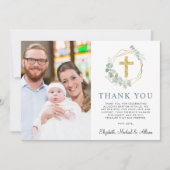 Elegante gouden kruis groen fotocollage doop bedankkaart (Voorkant)