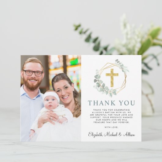 Elegante gouden kruis groen fotocollage doop bedankkaart (Staand voorkant)