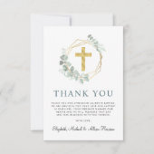 Elegante gouden kruis groen krans foto doop bedankkaart (Voorkant)