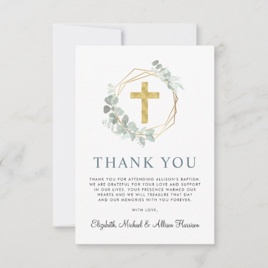 Elegante gouden kruis groen krans foto doop bedankkaart (Voorkant)