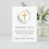 Elegante gouden kruis groen krans foto doop bedankkaart (Staand voorkant)