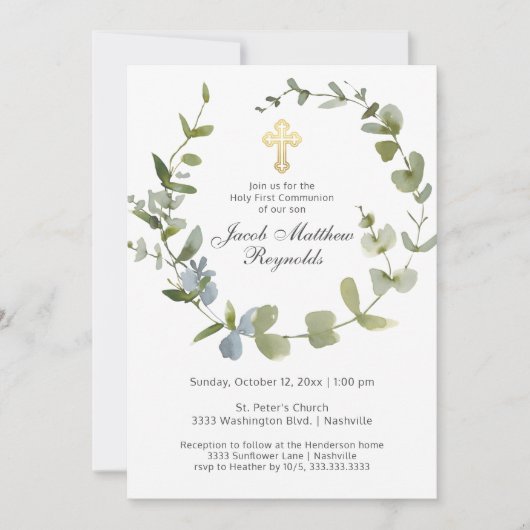 Elegante Gouden Kruis Heilige Communie Groene Deco Kaart (Voorkant)