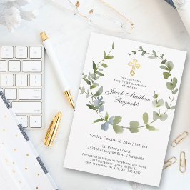 Elegante Gouden Kruis Heilige Communie Groene Deco Kaart