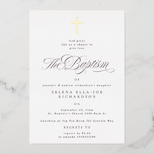 Elegante Gouden Kruis Kalligrafie Doop Folie Uitnodiging (Voorkant)