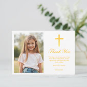 Elegante gouden kruis meisjes eerste communie bedankkaart (Staand voorkant)