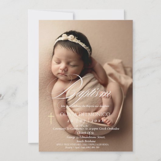 Elegante Gouden Kruis Overlay Foto Doopfeest Kaart (Voorkant)