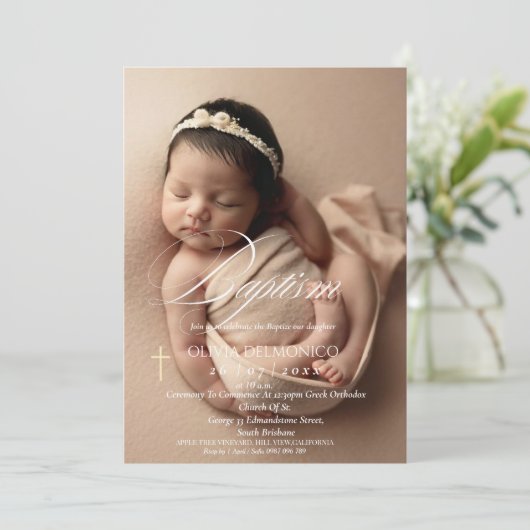 Elegante Gouden Kruis Overlay Foto Doopfeest  Kaart (Staand voorkant)