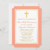 Elegante gouden kruis perzik eerste communie kaart (Voorkant)