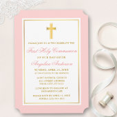 Elegante gouden kruis roze eerste communie kaart