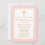 Elegante gouden kruis roze eerste communie kaart (Voorkant)