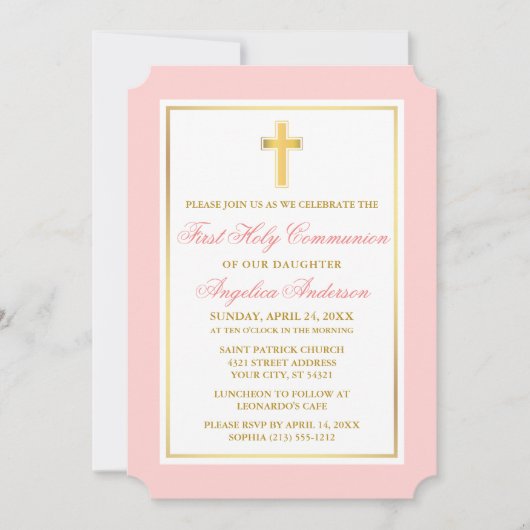 Elegante gouden kruis roze eerste communie kaart (Voorkant)
