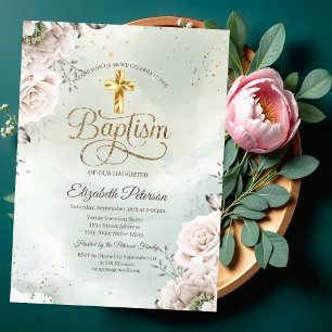 Elegante Gouden Kruis Rozen Groene Doop Kaart