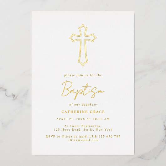 Elegante Gouden Kruis Typografie Doop Folie Uitnodiging (Voorkant)