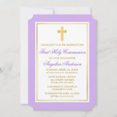 Elegante gouden kruis violette eerste communie kaart (Voorkant)